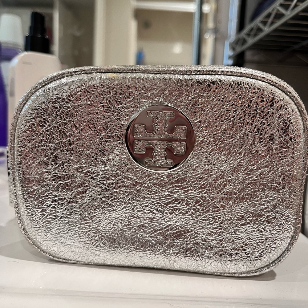 Tory Burch Metallic Silver Cosmetic Case